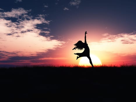 3D render of a female jumping in joy against a sunset landscape