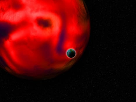3D render of a fictional space scene with Earth like planet against glowing red planet