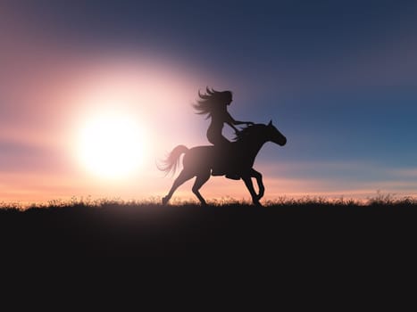 3D render of a female riding her horse in a sunset landscape