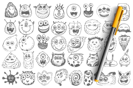 Monsters doodle set. Collection of hand drawn spooky creatures alliens ugly cyclops beasts mascots angry gremlins isolated on white background. Illustration of comic Halloween symbols.