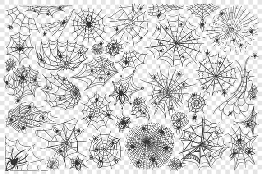 Spider web doodle set. Collection of arachnid net trap for insects halloween symbol isolated on transparent background. Internet metaphor and tattoo template illustration.