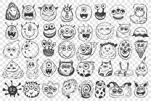 Monsters doodle set. Collection of hand drawn spooky creatures alliens ugly cyclops beasts mascots angry gremlins isolated on white background. Illustration of comic Halloween symbols.