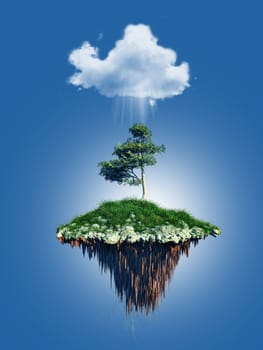 3D render of a floating tree island under a cloud