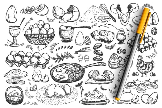Chicken eggs doodle set. Collection of healthy meal fried scrabled hen product egg breakfast food nutrition isolated on white background. Easter symbol celebration illustration.
