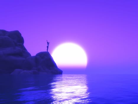 3D render of a female with arms raised on a rock formation against a sunset sky