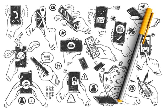 Hands with smartphones doodle set. Hand drawn human palms hold mobile phones touchscreen images application on white background. Communication social media networking illustration for web sites design