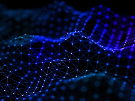 3D render of a flowing network connections design with connecting lines and dots