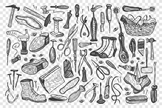 Shoemaking doodle set. Collection of male female boots repair tailoring atelier instruments isolated on transparent background. Handcrafting fashionable fabric footwear workshop equipment illustration