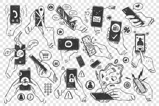 Hands with smartphones doodle set. Hand drawn human palms hold mobile phones touchscreen application on transparent background. Communication social media networking illustration for web site design.