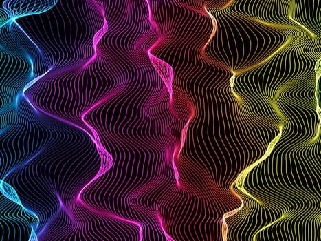 3D render of a flowing rainbow coloured lines background