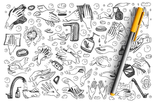 Hygiene doodle set. Hand drawn hands using disinfectant coronavirus antiseptic washing gel spray antibacterial soap on white background. Personal protection equipment medical insurance and healthcare.