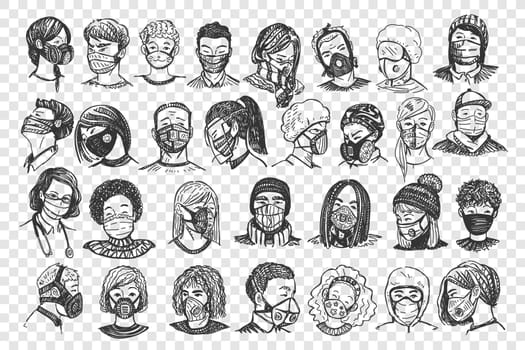 People with masks doodle set. Collection of hand drawn men women portraits with medical face respirators on transparent background. Protection from covid19 and healthcare illustration.