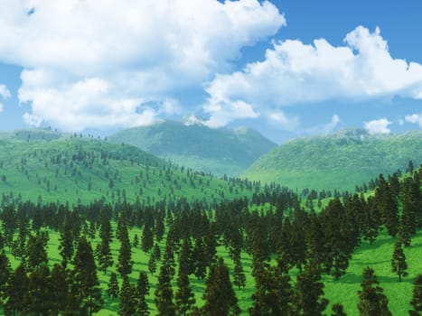 3D render of a forest landscape with low clouds