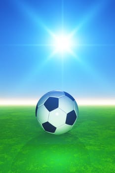 3D render of a football on grassy pitcch against sunny blue sky