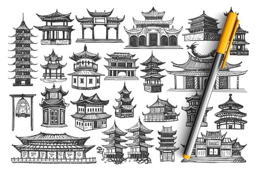 China buildings doodle set. Collection of chalk pencil hand drawn of chinese culture architecture and national temples castles on white background. Eastern asian country traditiion landmarks.