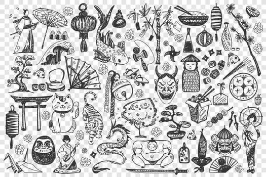 China doodle set. Collection of chalk pencil hand drawn sketches templates of chinese culture architecture and national cuisine on transparent background. Eastern asian country tratidions illustration