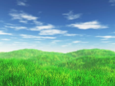 3D render of a grassy landscape with focus on the front