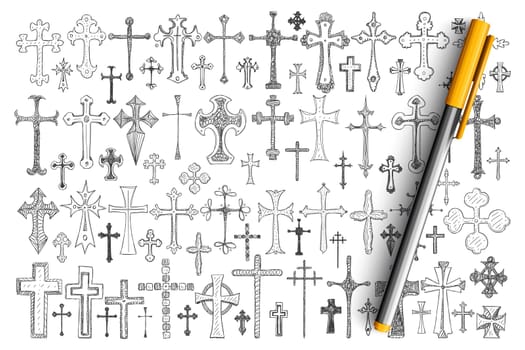 Various religious crosses doodle set. Collection of hand drawn crosses of different sizes and styles as symbol of religious faith, Christianity isolated on transparent background