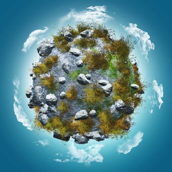 3D render of a globe with rocks and grasses on a blue sky with clouds