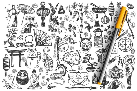 Japan doodle set. Collection of chalk pencil hand drawn sketches templates of japanese culture architecture and national cuisine on white background. Eastern asian country tratidions illustration.