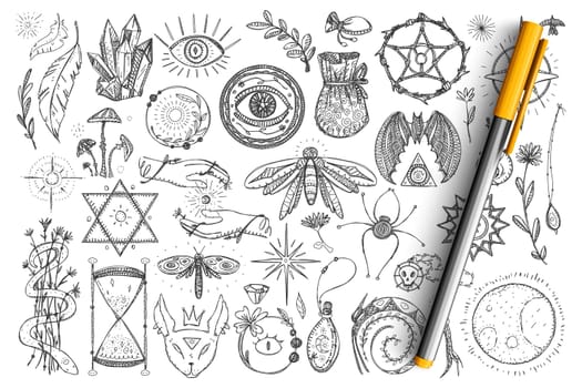 Magic and occult symbols doodle set. Collection of hand drawn spiritual eyes, snakes, crystals, insects and magical symbols for occultism isolated on transparent background