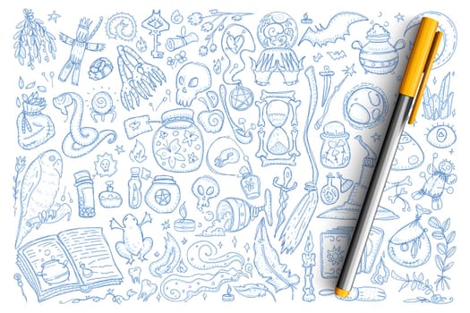 Witchcraft magic symbols doodle set. Collection of hand drawn frogs, poisons, snake, voodoo doll, skull and other tools for witchcraft isolated on transparent background. Illustration of esoteric