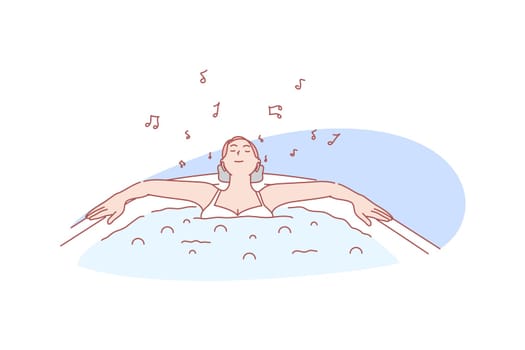 Relax, pleasure, bathing, spa, concept. Happy relaxing woman taking bath with pleasure listening music. Resting lady in beauty bodycare procedure. Spa health care wellbeing simple flat vector.