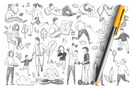 Healthy family lifestyle doodle set. Collection of hand drawn parents doing sport, meditating, playing games, walking with children isolated on transparent background. illustration of happy family