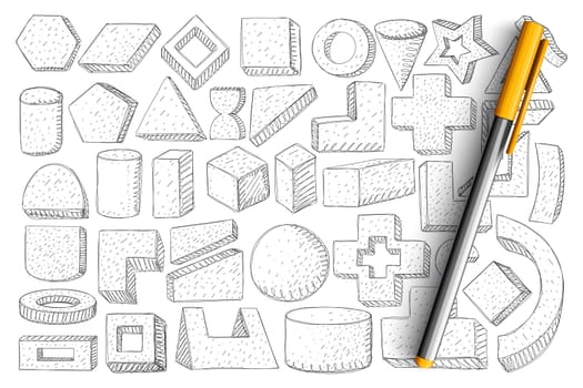 Geometrical forms and shapes doodle set. Collection of hand drawn cubes, circles, arc, triangle, cross and other forms of geometry isolated on transparent background