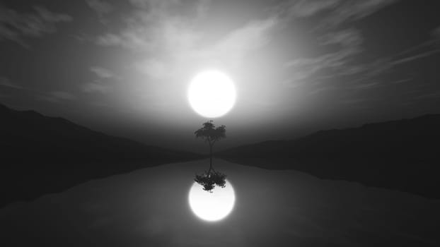 3D render of a greyscale tree in misty landscape with reflection in water