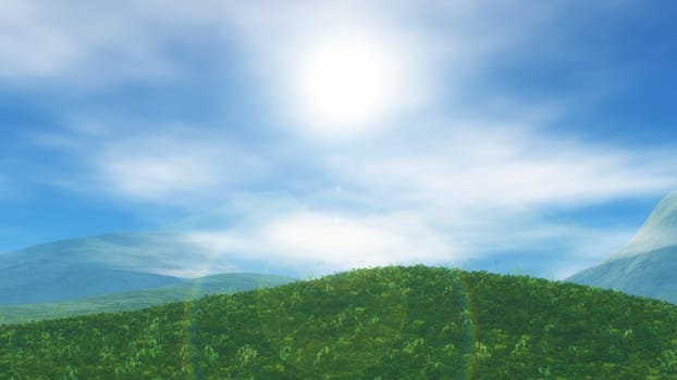 3D render of a grassy landscape with low clouds