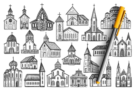 Buildings doodle set. Collection of chalk pencil hand drawn of european culture architecture and national temples castles on white background. Europe country traditional landmarks illustration.