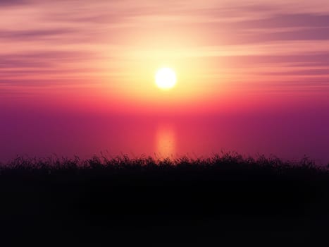 3D render of a grassy sunset landscape
