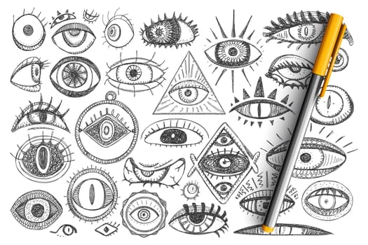 Magic and freemasonry doodle set. Collection of hand drawn spiritual eyes and magical symbols for occultism isolated on transparent background