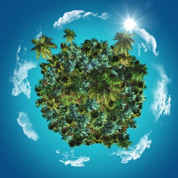 3D render of a globe with tropical palms and grasses with clouds