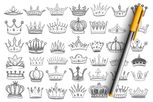 Elegant crowns for kings doodle set. Collection of hand drawn stylish crowns accessories headwear for kings and queens decorated with jewels and gems isolated on transparent background