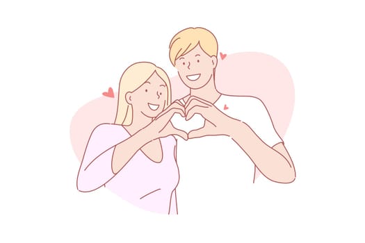 In love, romantic, feeling, hart, concept. Happy lovers making hart shape with hands together. Young happy couple symbolic proof of love. Romantic, creative declaration of feeling simple flat vector.