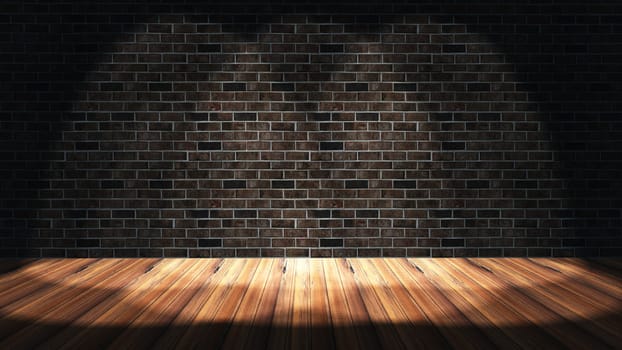 3D render of a grunge interior with brick wall, wooden floor and spotlights