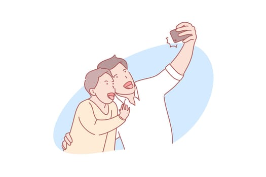 Selfie, fatherhood concept. Father and son are taking selfie with smile. Man and boy are hugging or embracing each other using mobile phone. Fathersday day in family. Simple flat vector
