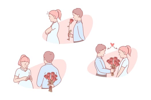 Love, romantic, relation, invitation, set. Infatuated young boy presenting bouquet to girl. Romantic child relationship in love. Date invitation. Sincere teen feeling of crush simple flat vector.