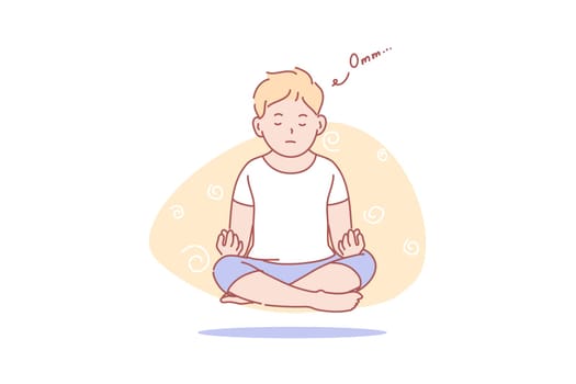 Child, levitation, yoga, meditation, health concept. Young boy levitating in meditation. Yoga pose concentration exercise. Thoughtless calm health activity. Internal energy practice simple flat vector.