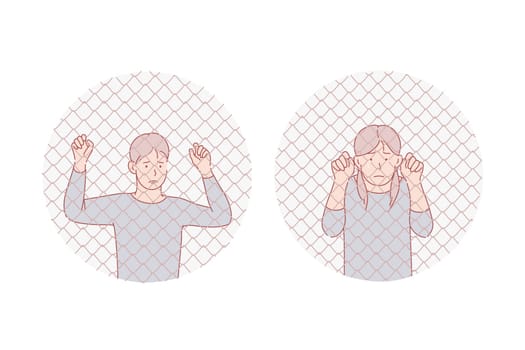 Juvenile delinquency, offender, prison, inmate, set. Scared teens detained in prison for violation. Legal, just crime litigation. Preventive measure for young inmate. Offending simple flat vector.