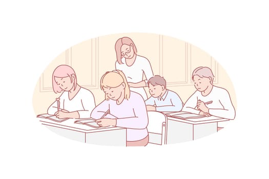 Education, teaching, school concept. Young teacher examinates school children. Concentrated group of pupils, boys and girl take educational exam while woman tutor checks they work. Simple flat vector