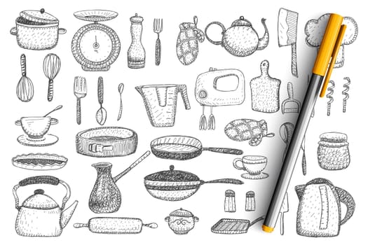 Kitchenware and utensils doodle set. Collection of hand drawn kettle, frying pan, mixer, knife, teapot, cutlery, cups and mugs, tableware, mitten and grill isolated on transparent background