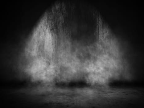 3D render of a grunge interior with smoke in spotlight
