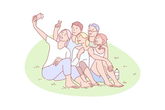 Selfie, friend, gathering, joy, rest, concept. Resting mates gathering for selfie together outdoor. Happy joyful friends photographing for social media. Teen team making group video simple flat vector