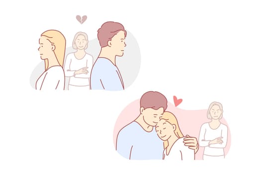 Love, jealous, quarrel, relation, concept.. Quarrel and making peace infatuated teen couple. Jealous, envy, suffering in love triangle. Affection relationship problem. Rival simple flat vector.