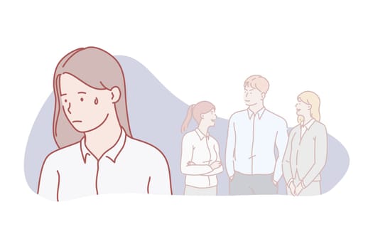 Outcast, lonely, isolation, relation, social, concept. Teen social acceptation difficulty. Derelict outcast. Child ignoring and isolation problem. Bad school team relations. Refusal simple flat vector
