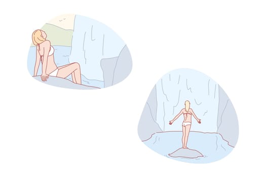 Pleasure, alone, rest, nature, wild, concept. Joyful resting woman sunbathing in wild nature secluded, private place in peace. Pleased lady united with nature. Waterfall tranquility simple flat vector