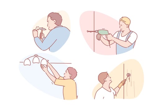 Master, service, repair, business, renovation set. Male household service. Renovating master. Professional repairman. Home fixing business Handyman. Homework support improvement simple flat vector